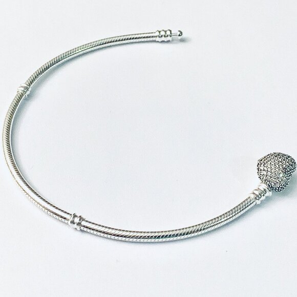 Authentic Pandora Bracelet PAVE HEART Sterling Silver 925 ale Snake Chain - Picture 5 of 10